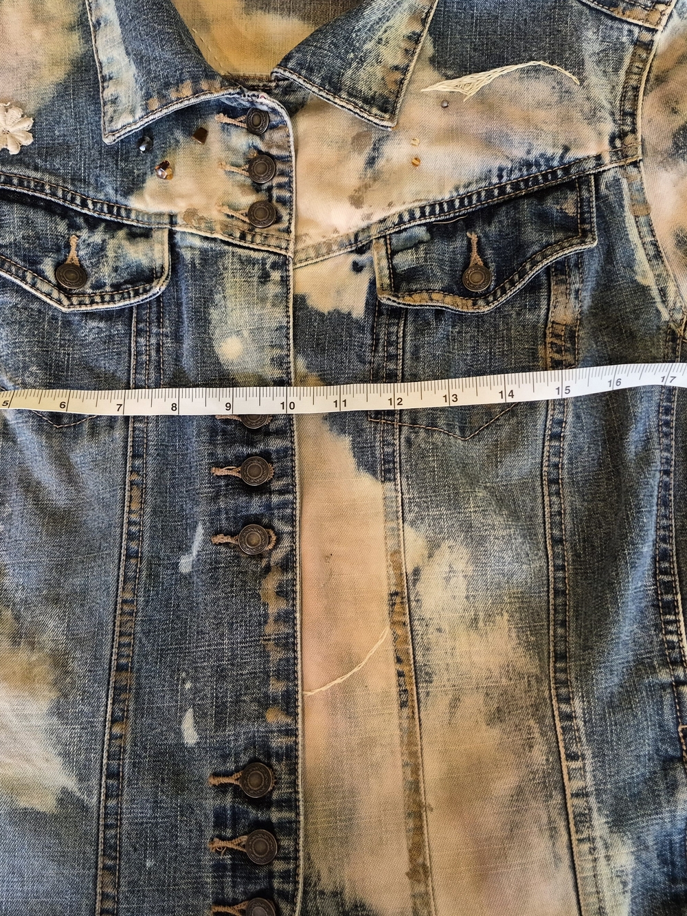 Upcycled Y2K Blue and Cream Embellished Denim Jacket - Picture 13 of 16